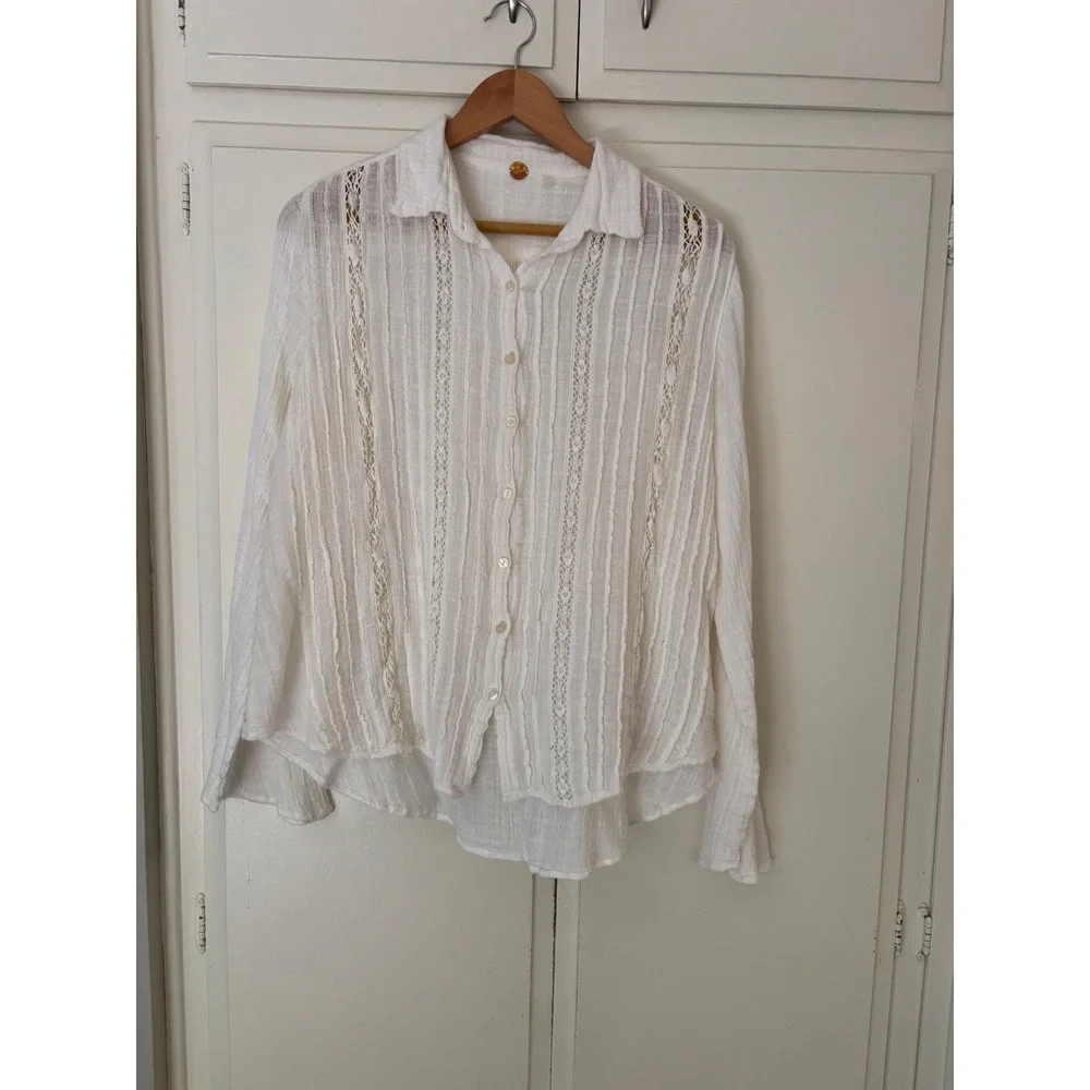 Free People One White Gauze Button Front Long Sleeve Blouse Top Womens L